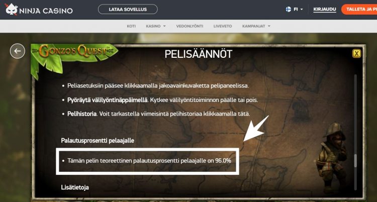 Ninja Casino Gonzo palautusprosentti