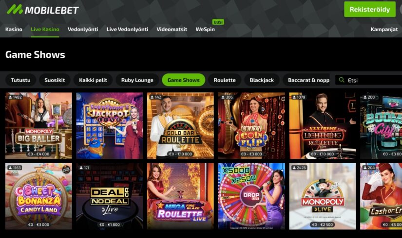 Mobilebet livekasino game show pelit
