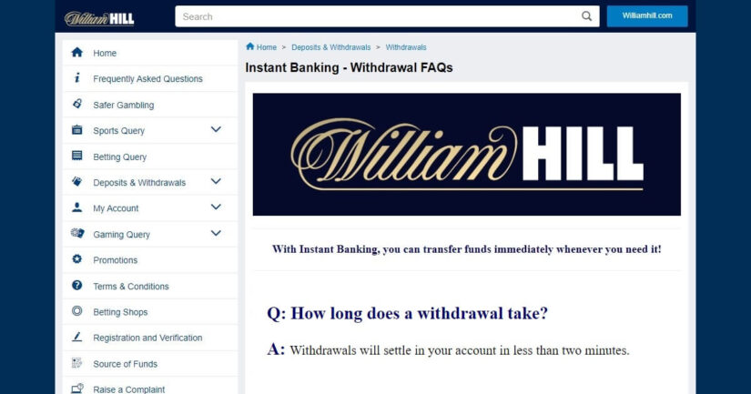 2 minute withdrawal time with instant bank transfer at William Hill