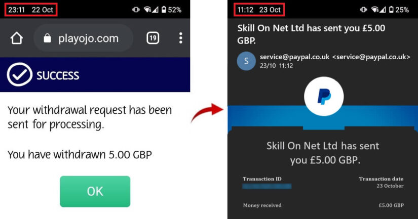 PlayOJO withdrawal time with PayPal