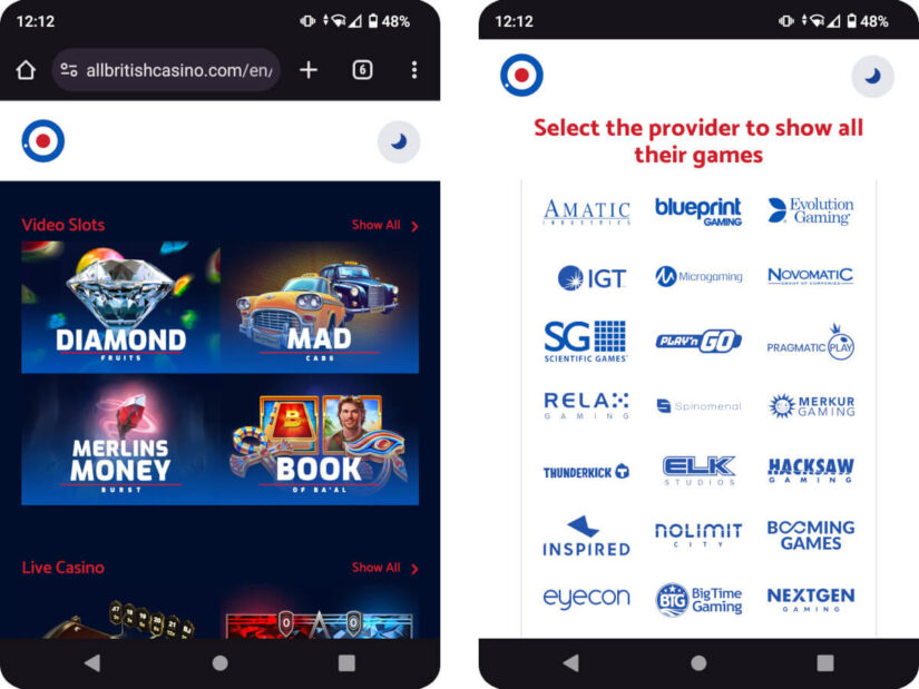 All British Casino UK mobile
