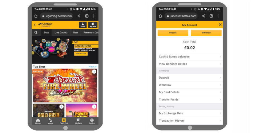 Mobile interface at Betfair Casino UK