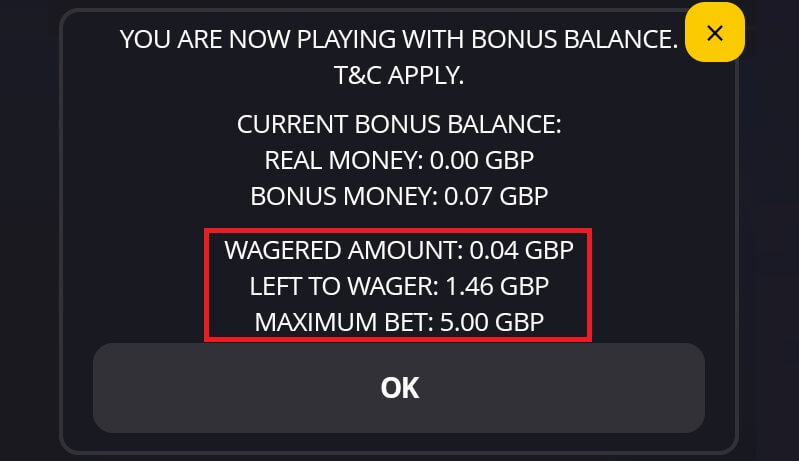 LV Bet pop-up showing wagering requirements calculation