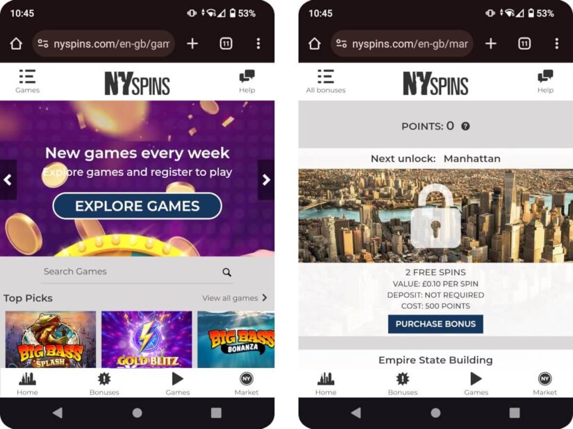 NYspins UK mobile