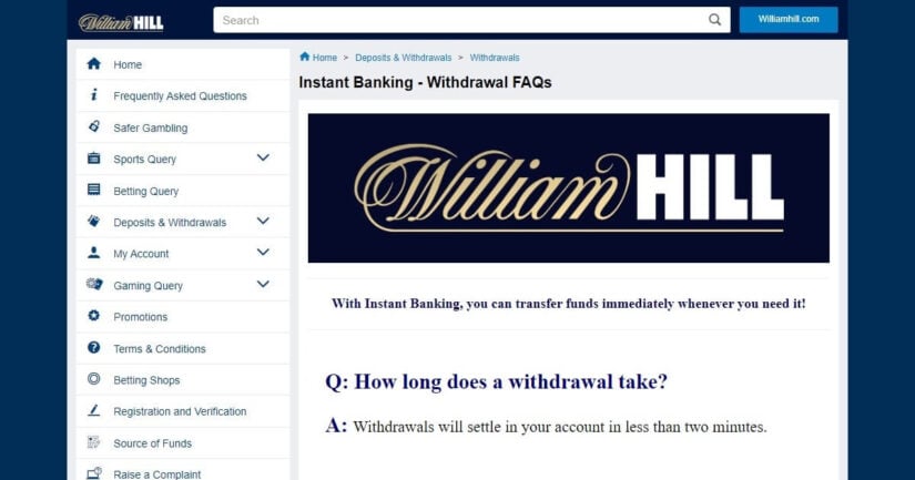 2 minute withdrawal time with instant bank transfer at William Hill