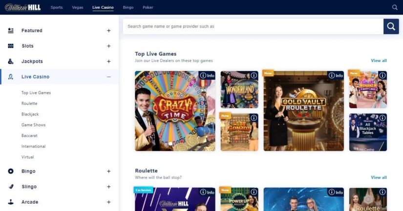 Live casino library at William Hill Casino UK
