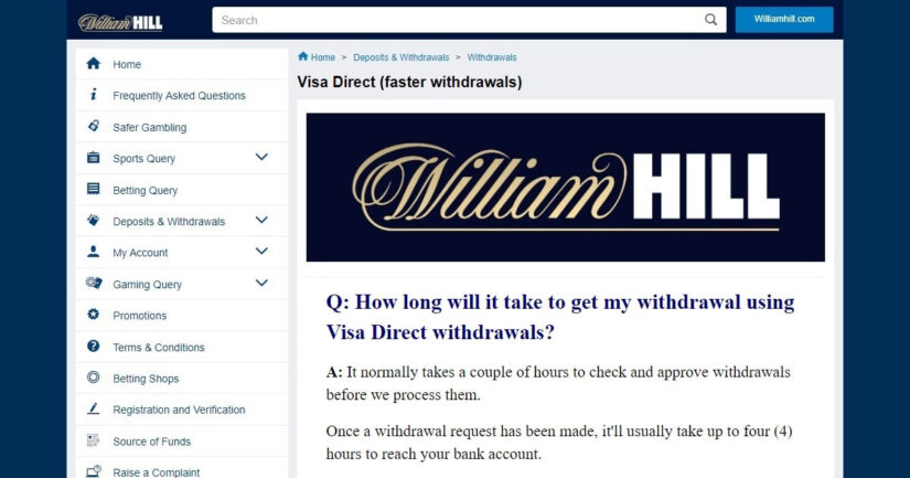 4 hour withdrawal time with Visa Direct at William Hill