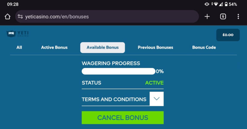 Yeti Casino wagering counter