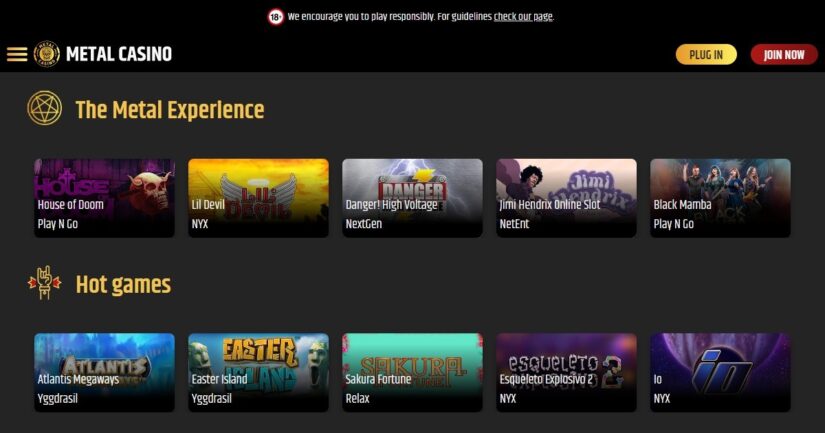 Slots and games library at Metal Casino UK