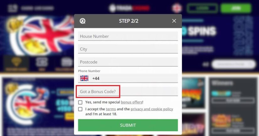 Trada Casino bonus code