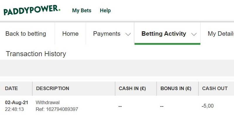 Paddy Power cashout request