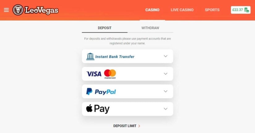 LeoVegas UK payment methods