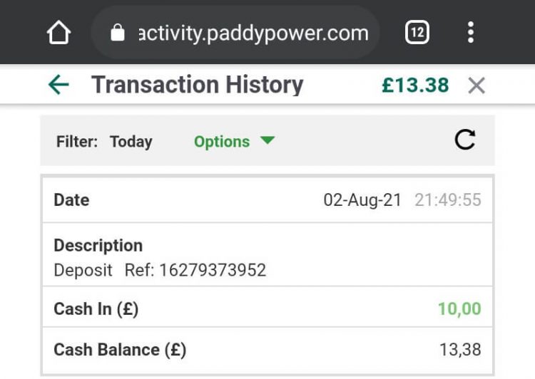 Our Visa card deposit at Paddy Power