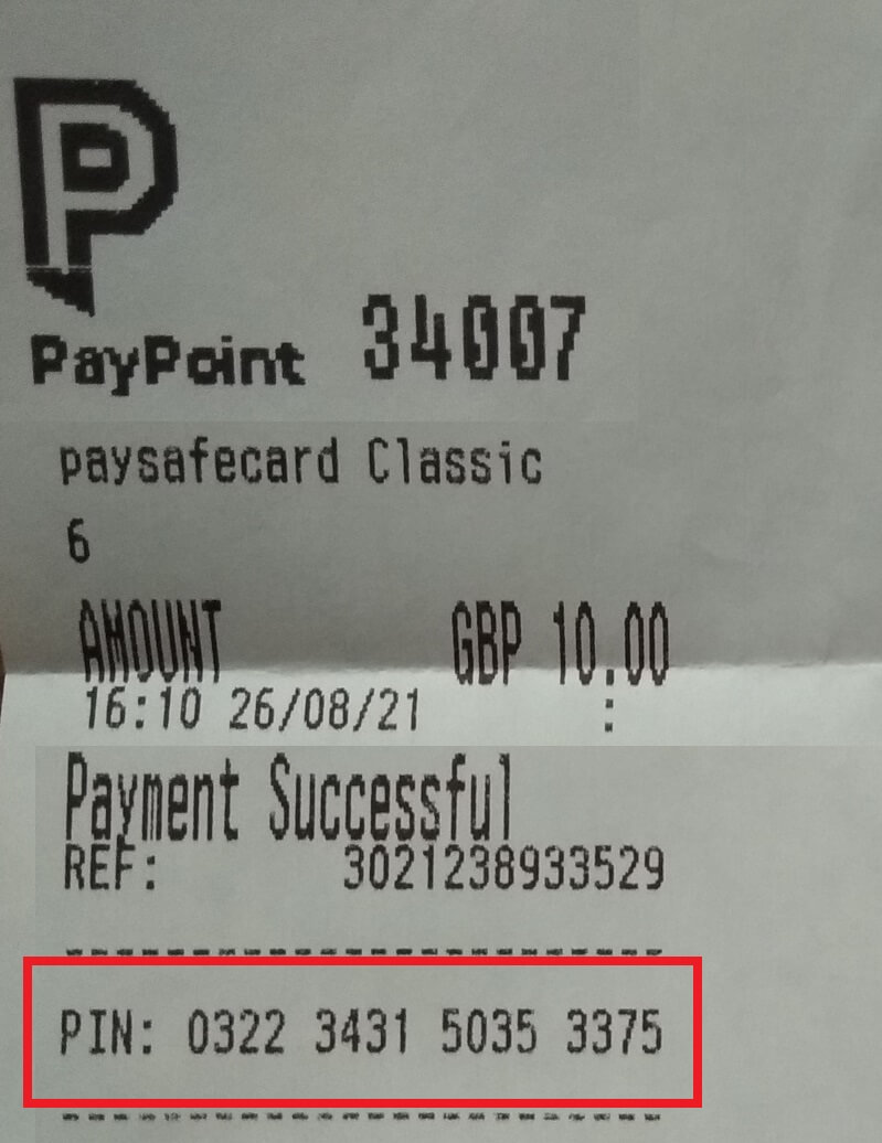 Paysafecard PIN number from UK shop