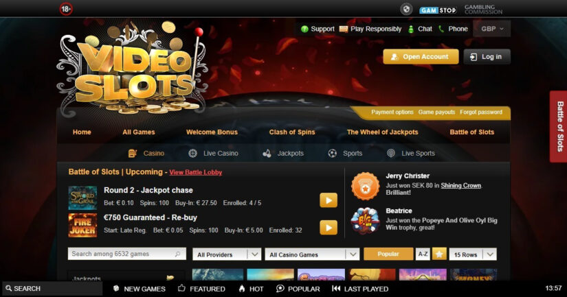 Videoslots UK homepage