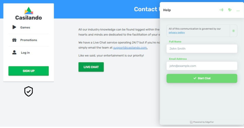 Customer support options at Casilando Casino