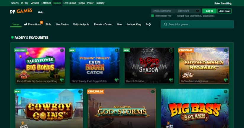 Homepage of Paddy Power Casino