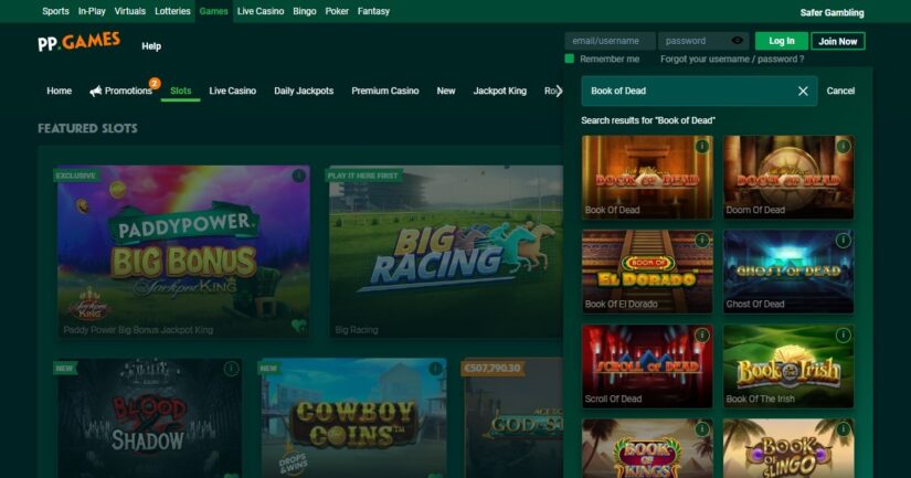 Slots and games lobby at Paddy Power Casino UK