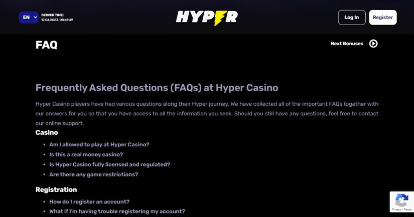 FAQ support at Hyper Casino