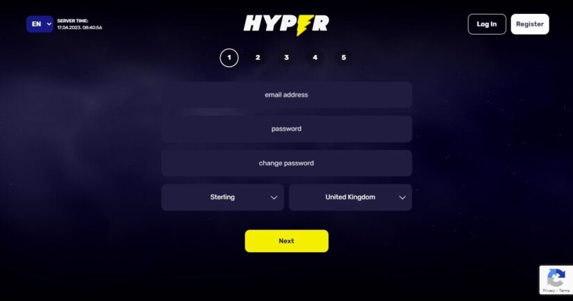 Registration page at Hyper Casino