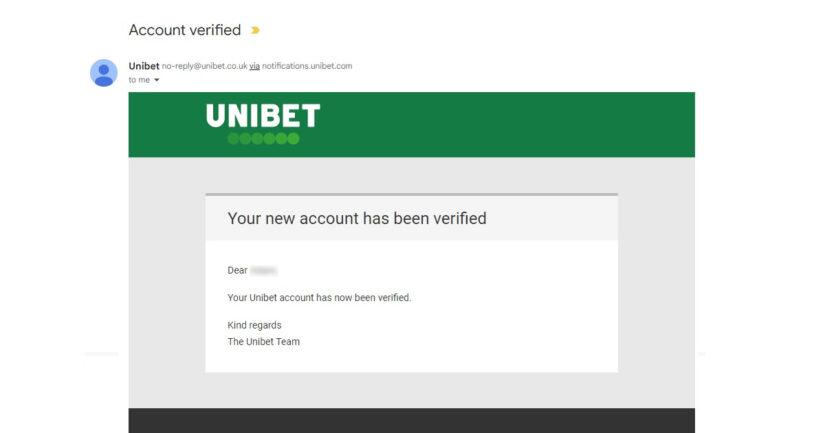 Confirmation that Unibet Casino UK account is verified