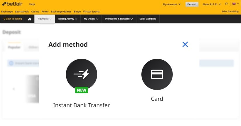 Betfair Casino instant bank transfer