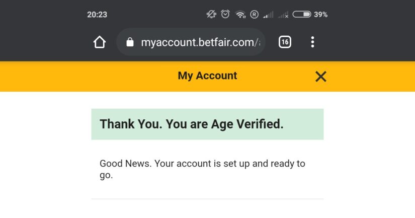 Our verification documents approved by Betfair