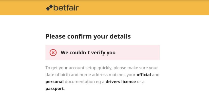 Example of verification failing at Betfair