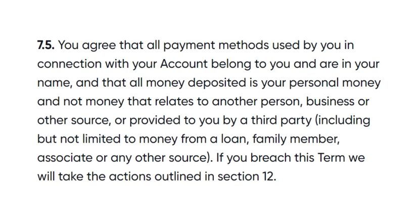 Example terms of casino payment method in player's name only