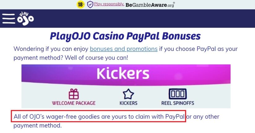 PayPal Casino Bonus available at PlayOJO