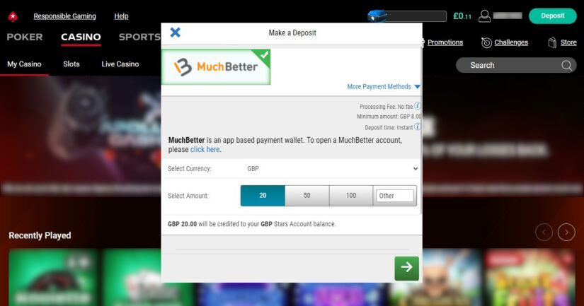 Making a deposit with MuchBetter at PokerStars Casino