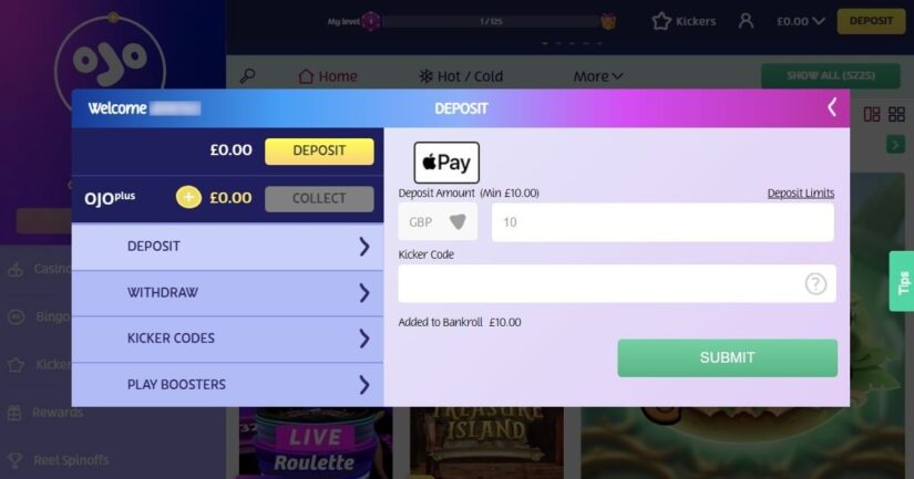 Making a deposit at PlayOJO Casino with Apple Pay