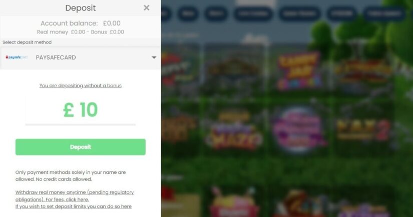 Making a deposit at Duelz with Paysafecard