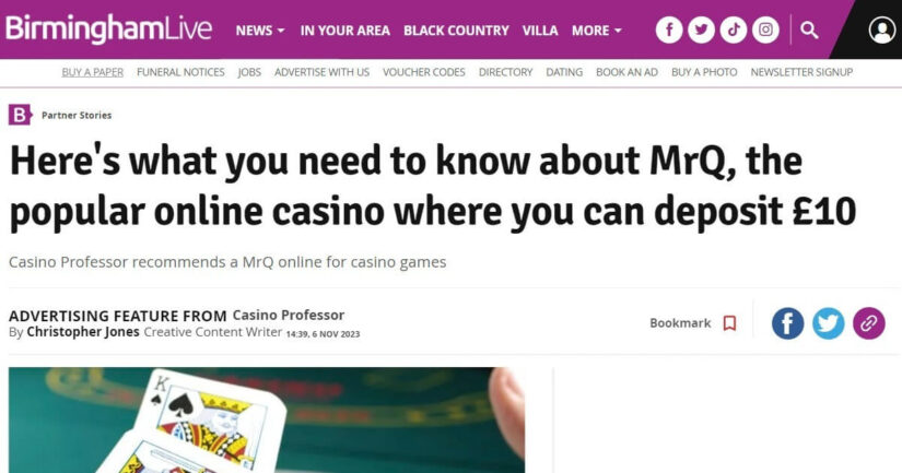 Our article recommending MrQ Casino in Birmingham Live