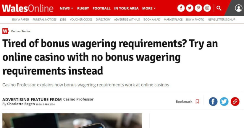 Our article about no wagering casinos on WalesOnline