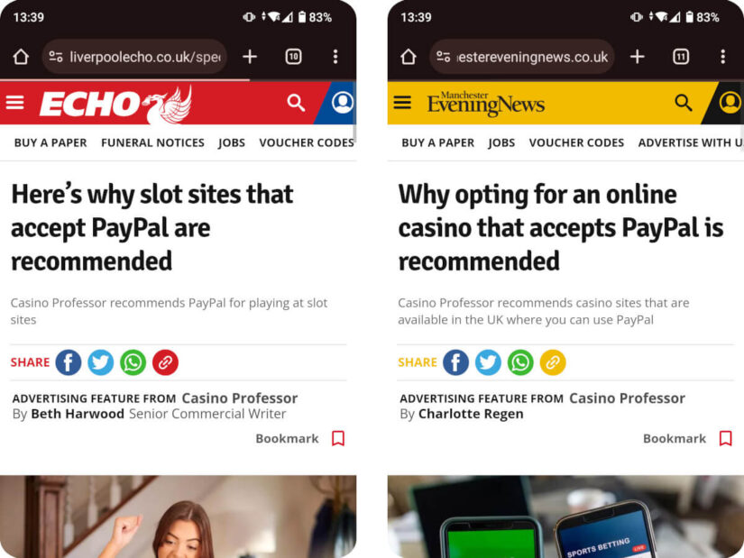 Our articles recommending PayPal casinos in the Manchester Evening News and Liverpool Echo