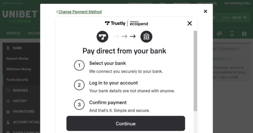Depositing at Unibet Casino with online banking