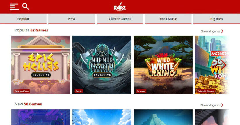 Barz Casino UK homepage