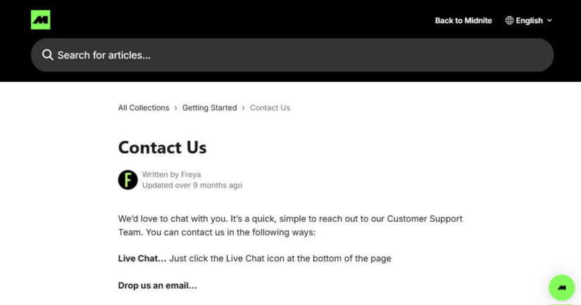 Midnite Casino support