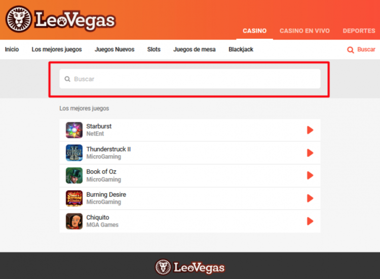 buscador de juegos en leovegas 
