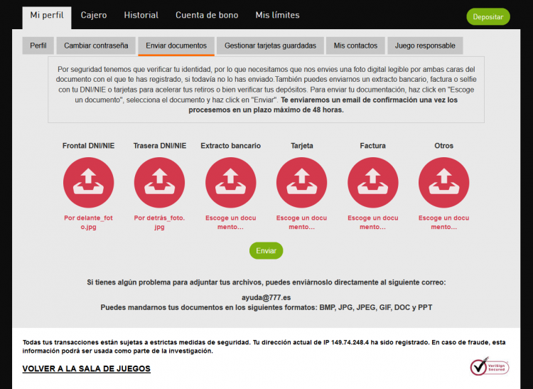verificación de identidad en casino777