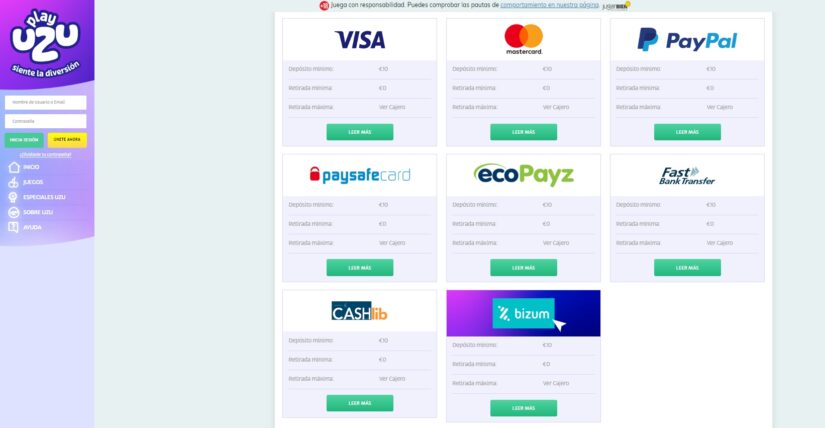metodos de pago ofrecidos por PlayUZU casino