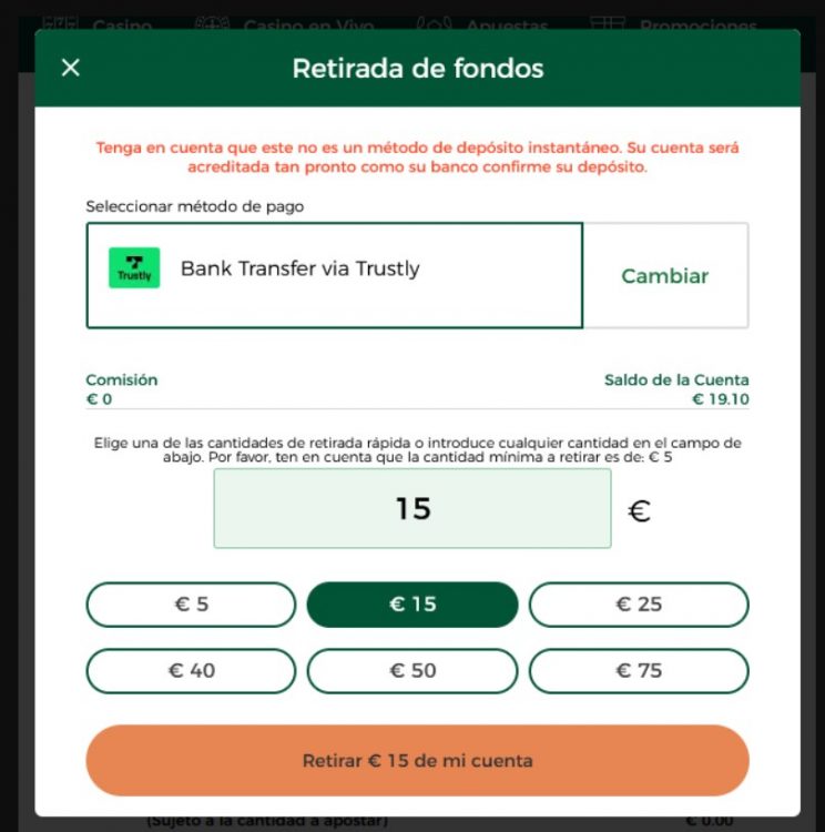 retirada de fondos mr green