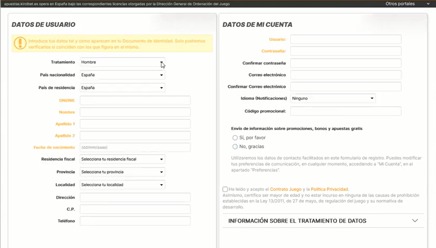 Formulario de registro en Kirolbet