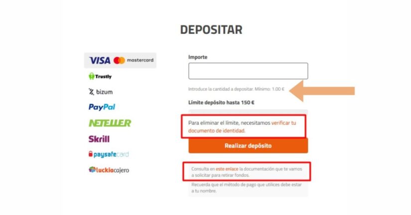 deposito de 5 euros o menos en Luckia casino