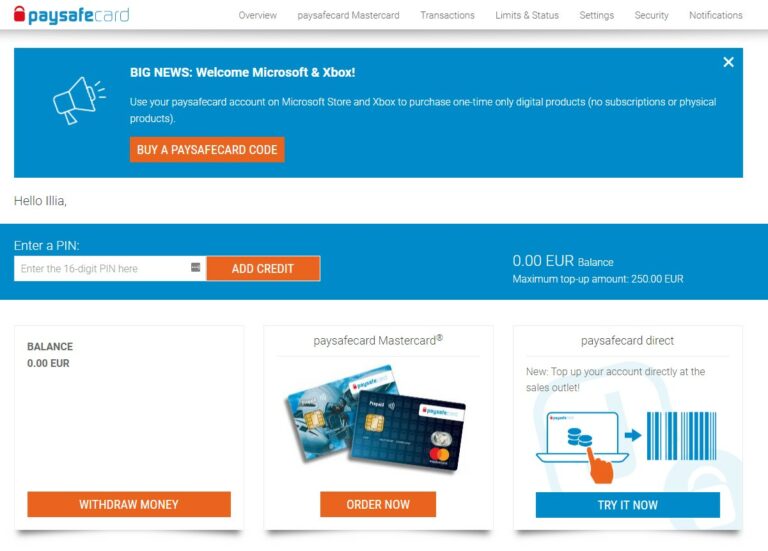 dashboard paysafecard