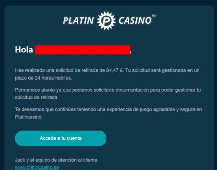 confirmació retiro Platincasino