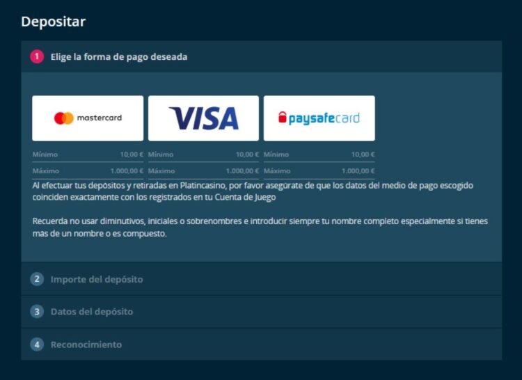 Metodos de depósito Platincasino