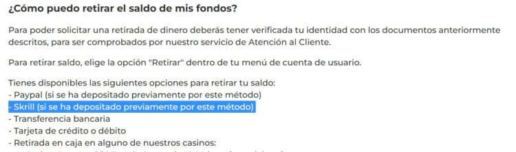 condiciones de retiradas de un casino con skrill
