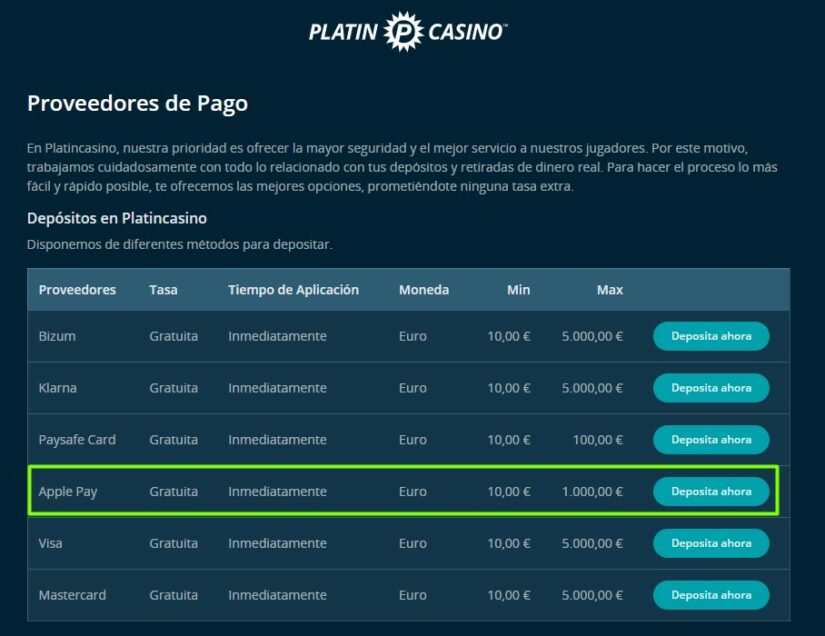 platincasino lista de metodos de pago